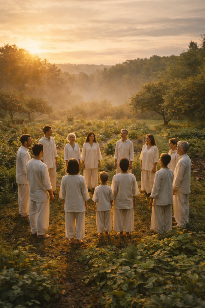 a circle of people doing the Collective Stillness Windows practice in an orchard field