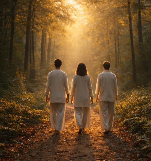 people doing the attention walks practice in a forest